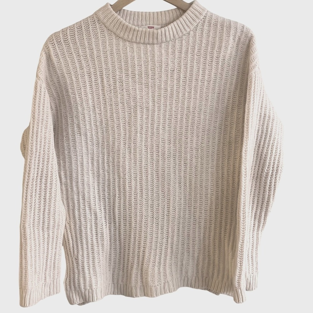 Levi's Extra Fine Merino Wool Cream Vertically Ribbed Sweater Small Woman's Read